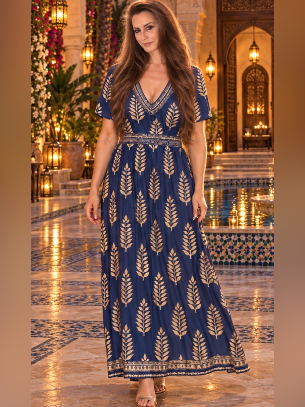 NWT Navy Quietly Exotic Chic Maxi Dress with Gold Leaf Motif L